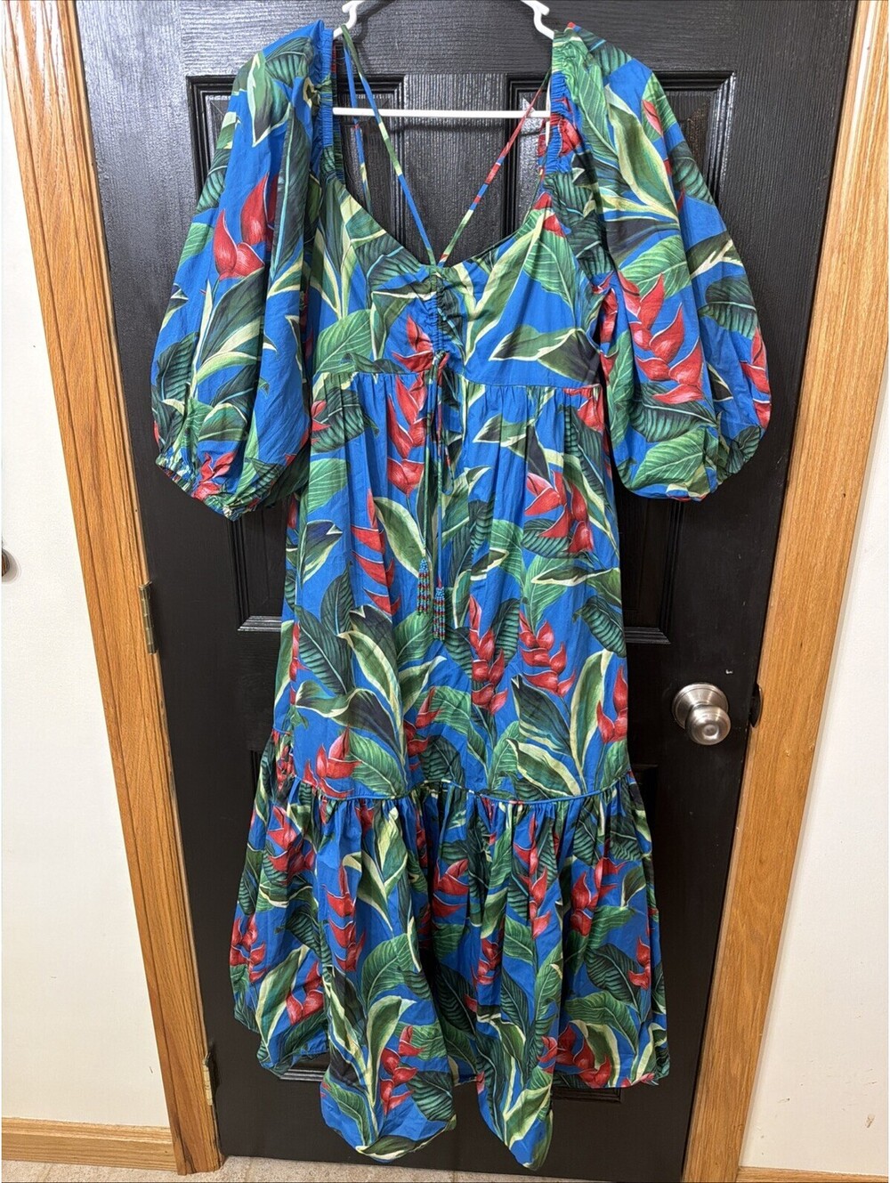 FARM RIO Dream Garden Midi Dress Women Sz M Blue Floral Tropical On/Off Shoulde - Picture 2 of 11